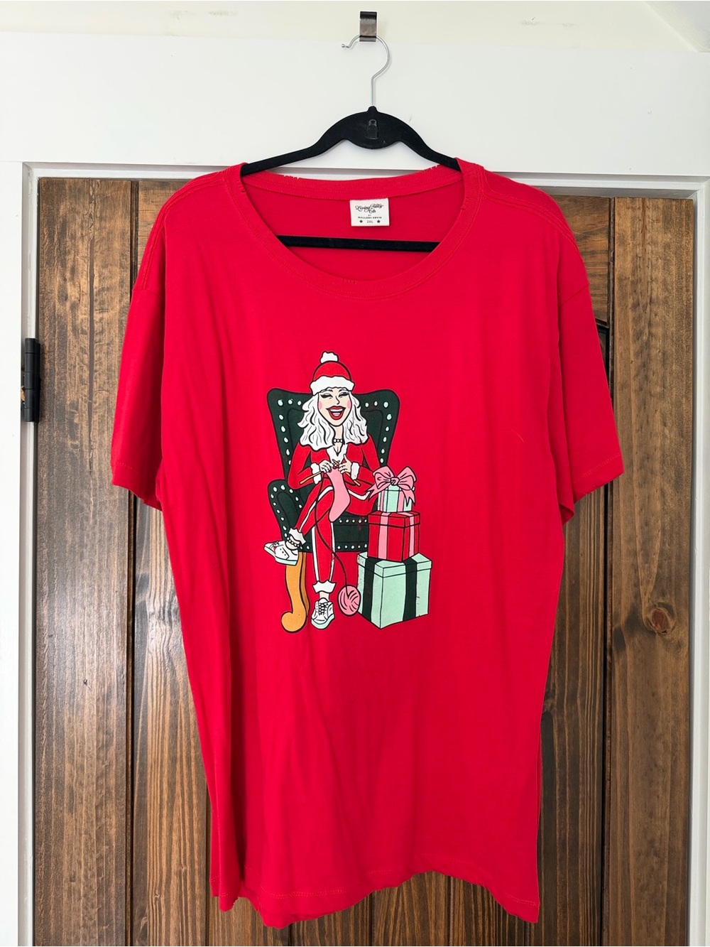 Living Fully Red Women's Holiday Graphic Tee with Santa Chair Design